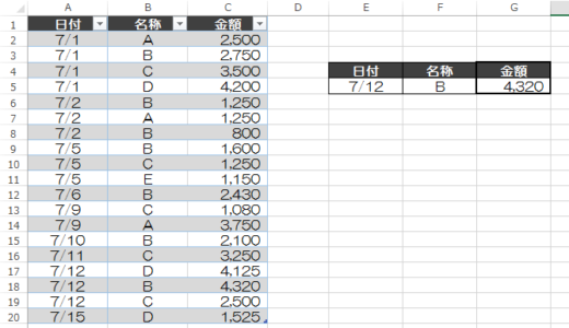 ExcelでDGET関数を使ってデータベースから条件に一致するデータを見つける