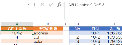 ExcelのCELL関数でセルの情報を確認する