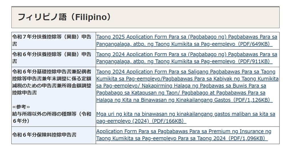 令和6年分-外国語の年末調整資料-フィリピノ語（Filipino）